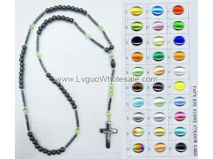 Hematite And Assorted Color Cats eye Necklace Rosary with Crucifixion 24inch